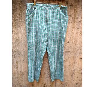 Vintage Green & White Plaid Pants – Lightweight Cotton Blend – Size Medium